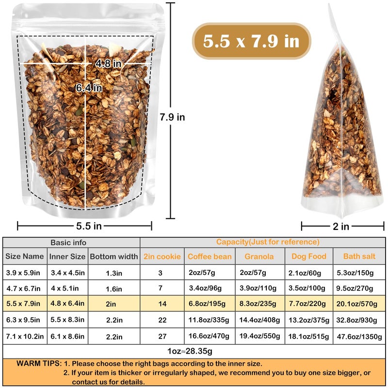 Blisstime 50 Pack Stand Up Pouch Bags, Resealable Clear Self-seal Pouches with Tear Notch for Food Packing (5.5 X 7.9 Inches) - Image 2